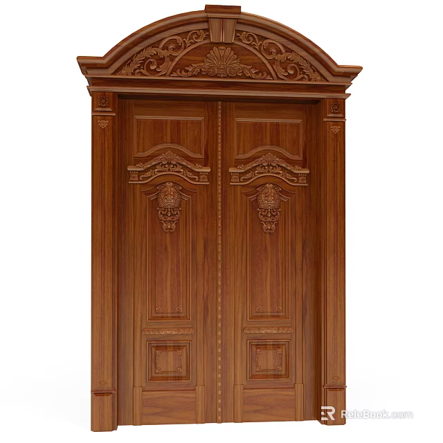 Classic Wooden Double Doors With Intricate Carvings And Panel Design Details 3d model 