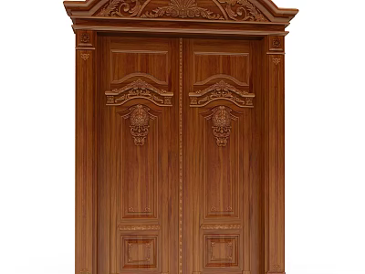 Classic Wooden Double Doors With Intricate Carvings And Panel Design Details 3d model