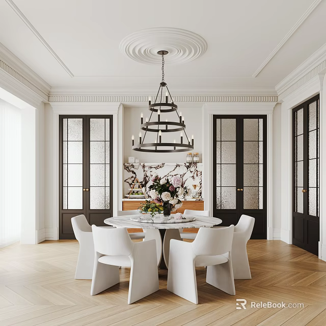 Modern Restaurant Interior Design With Chandelier Dining Table White Chairs And Floral Decor 3d model 