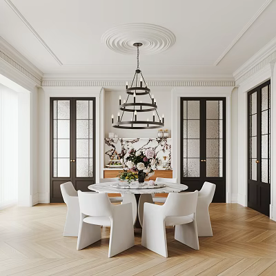 Modern Restaurant Interior Design With Chandelier Dining Table White Chairs And Floral Decor 3d model