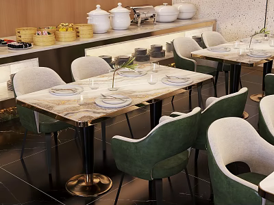 Stylish Dining Table Set Featuring Green Upholstered Chairs Marble Tabletop And Tableware 3d model