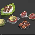 Assorted Grilled Meat Dishes Including Steak Ribs And Yellow Sauce On Green Leaf Shaped Plates