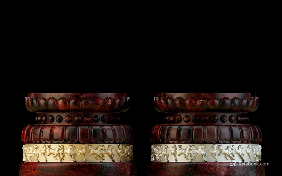 Exquisite Dark Colored Sculpture Carving Bases With Golden Decoration And Lotus Shaped Patterns 3d model 