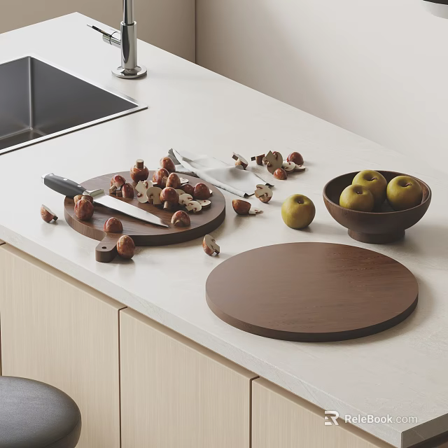 Wooden Cutting Boards And Knife On Kitchen Countertop 3d model 