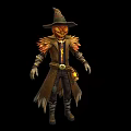 Fantasy Scarecrow Game Movie Character With Pumpkin Head Jack o Lantern Face And Feathered Coat