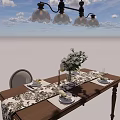 Cozy Wooden Dining Table And Chairs Set With Table Runner Flower Vase And Chandelier