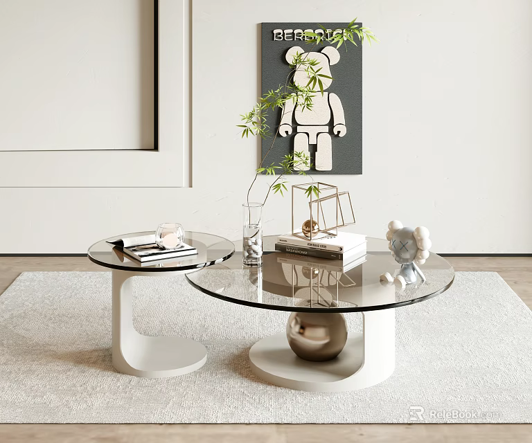 Stylish Round Glass Coffee Table With White Base Books Green Plant Teddy Bear Decor 3d model 
