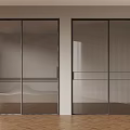 Modern Interior Glass Sliding Doors With Sleek Black Frames And Herringbone Wooden Floor