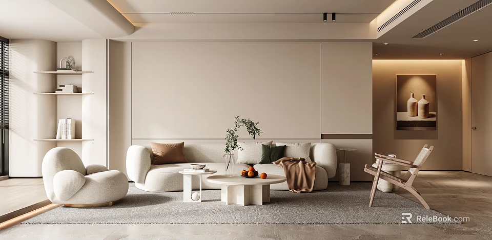 Modern Living Room With White Sofa Brown Green Cushions Round Coffee Table Fruits And Greenery 3d model 