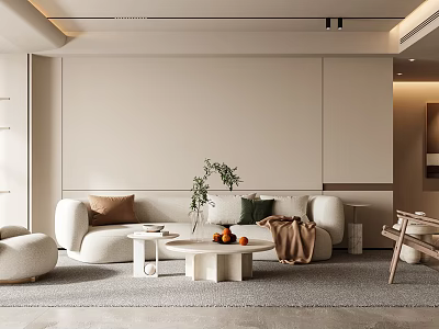 Modern Living Room With White Sofa Brown Green Cushions Round Coffee Table Fruits And Greenery 3d model