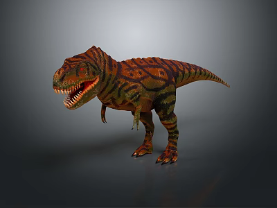 Realistic Tyrannosaurus Rex Dinosaur With Orange Green Black Stripes Open Mouth Sharp Teeth Gray Background 3d model