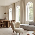 Elegant Dining Living Room Interior With Wooden Table Sofa Pendant Light And Large Windows