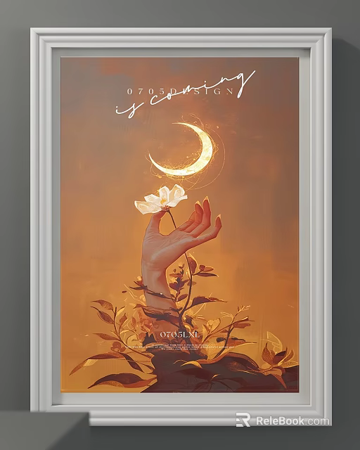 Ethereal Abstract Painting With Glowing Crescent Moon Hand Holding White Flower And Leaves 3d model 