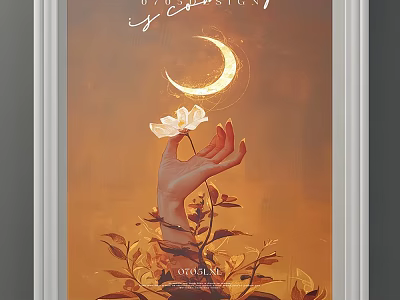 Ethereal Abstract Painting With Glowing Crescent Moon Hand Holding White Flower And Leaves 3d model