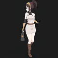 Anime Style Woman In White Dress With Brown Boots Headband And Belt Holding Axe