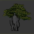 Cartoon Scene With Row Of Green Trees Small Figure And Reflections On Gray Background