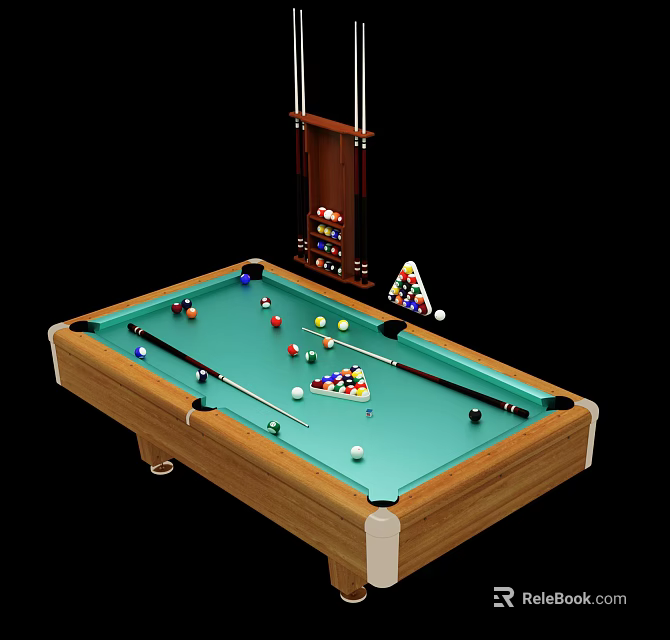 Billiard Sports Equipment With Table Cues Balls Triangle Rack And Cue Rack 3d model 