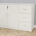 White Storage Cabinet With Two Doors Three Drawers Light Gray Wall Herringbone Wood Floor