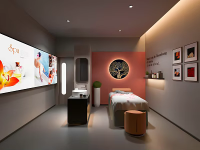 Luxurious SPA Sauna Interior With Massage Bed Decorative Paintings And Green Plant 3d model