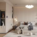 Modern Kids Room Interior Design With Cloud Chandelier Bed Pillows Storage Shelves And Stuffed Toys