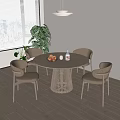 Round Wooden Dining Table with Four Light Beige Chairs Modern Interior Green Plant Window View