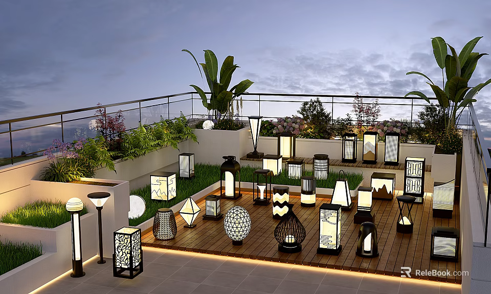 Roof Garden Outdoor Design With Decorative Lanterns Green Plants And Wooden Deck 3d model 