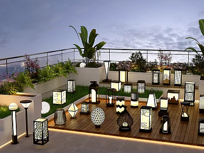 Roof Garden Outdoor Design With Decorative Lanterns Green Plants And Wooden Deck 3d model