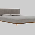 Modern Double Bed With Gray Striped Headboard White Mattress And Wooden Frame