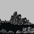 Natural Stone and Wooden Structures with Porous Shapes and Water Reflection in Pond