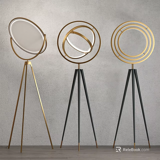 Modern Contemporary Floor Lamp With Gold Black Metal Tripod Base And Circular Shade 3d model 