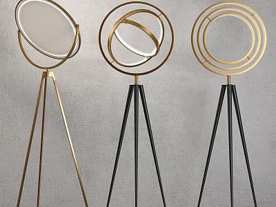 Modern Contemporary Floor Lamp With Gold Black Metal Tripod Base And Circular Shade 3d model