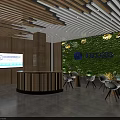Modern Office Interior With Wooden Reception Desk Green Plant Wall Digital Screen And Chairs