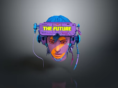 A Man With Blue Hair Wearing Futuristic Headset Displaying THE FUTURE And Headphones 3d model