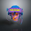 A Man With Blue Hair Wearing Futuristic Headset Displaying THE FUTURE And Headphones