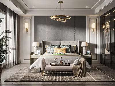 Elegant Modern Bedroom Interior With Grey Walls Golden Chandelier Double Bed Table Lamps And Bench 3d model