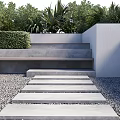 Garden Feature with Wooden Deck Gravel Pathway Stone Steps and Lush Green Plants