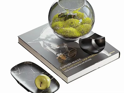 Elegant Decorative Ornament Set With Glass Globe Moss Container Book Black Bowl And Green Apple 3d model