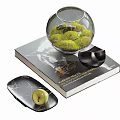 Elegant Decorative Ornament Set With Glass Globe Moss Container Book Black Bowl And Green Apple