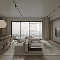 Contemporary Living Dining Room With White Sofa Round Coffee Table And Floor To Ceiling Windows