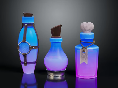 Unique Fantasy Style Decorative Bottles With Blue Purple Gradient And Leather Straps 3d model