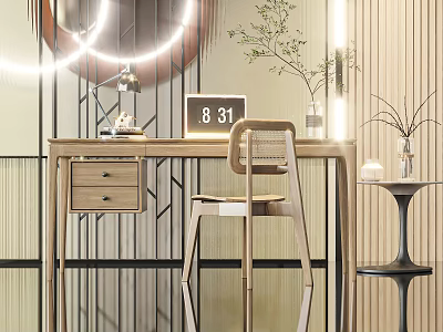 Modern Study Room Interior With Wooden Desk Comfortable Chair And Pendant Lights 3d model