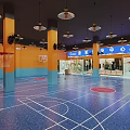 Modern Indoor Basketball Court With Blue Floor Orange Walls Hanging Lights And White Lines