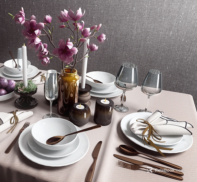 Elegant Dinnerware Set with White Plates Bowls Metal Utensils Wine Glasses and Floral Vase Decor 3d model 