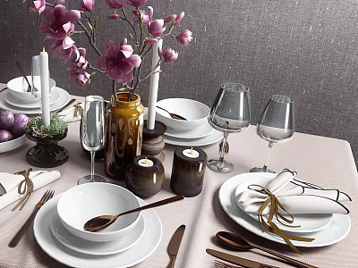 Elegant Dinnerware Set with White Plates Bowls Metal Utensils Wine Glasses and Floral Vase Decor 3d model