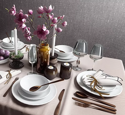 Elegant Dinnerware Set with White Plates Bowls Metal Utensils Wine Glasses and Floral Vase Decor 3d model