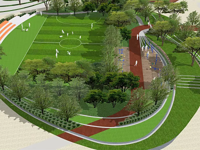 Outdoor Sports Fitness Area With Green Turf Red Running Track Fitness Equipment And Trees 3d model