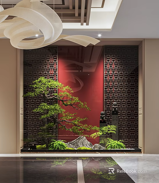 Hotel Lobby Interior With Red Backdrop Lattice Screens Bonsai Tree And Rockery 3d model 