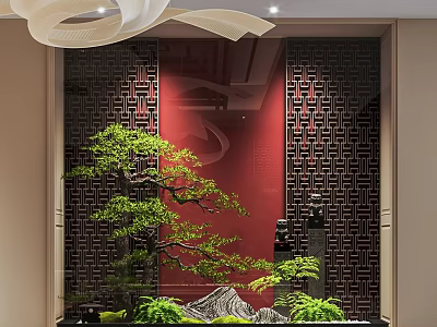 Hotel Lobby Interior With Red Backdrop Lattice Screens Bonsai Tree And Rockery 3d model