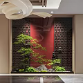 Hotel Lobby Interior With Red Backdrop Lattice Screens Bonsai Tree And Rockery