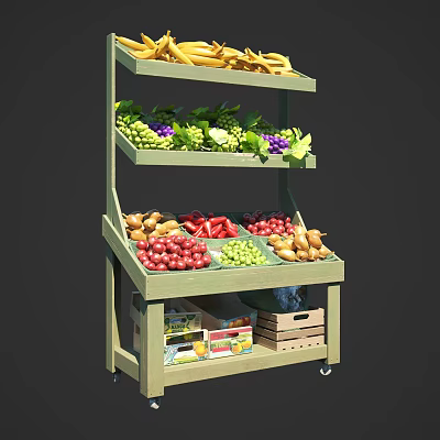 Fruit Store Display with Green Shelf Various Fresh Fruits Bananas Grapes Apples and Cardboard Boxes 3d model